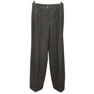 CHANEL Grey Pants Trousers Wide Leg Wool Cuffed Silver Button Silk Lining Sz 40